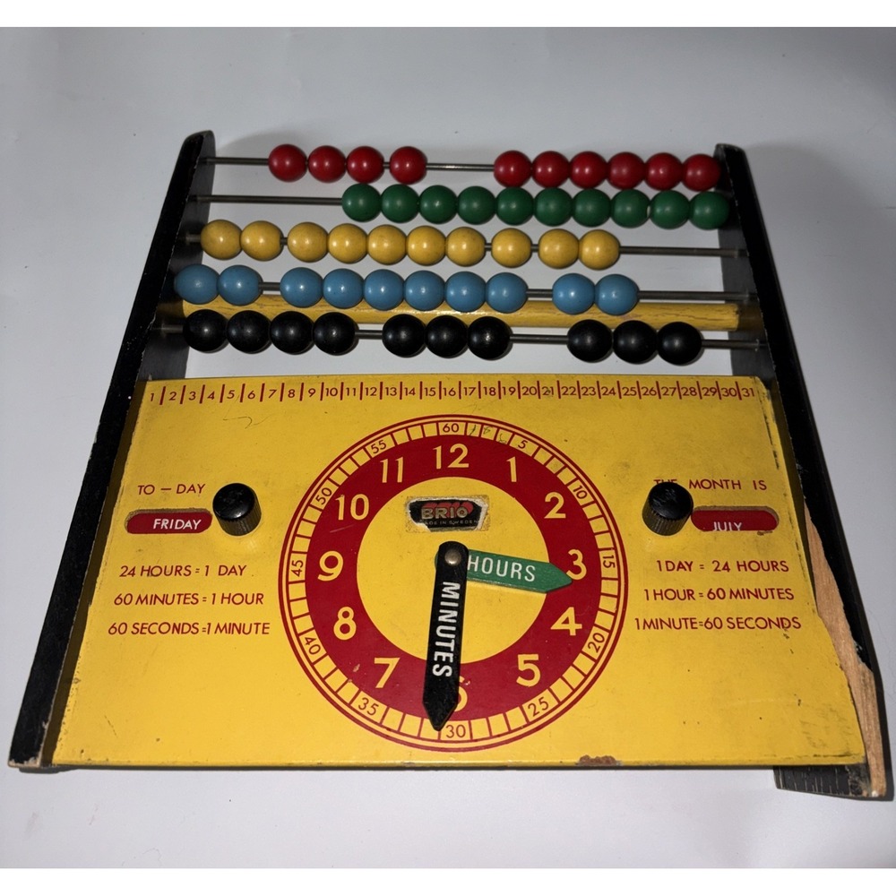 Vintage BRIO Wooden Abacus Calender Clockβ Time Toy Made In Sweden 1960s